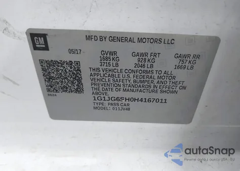 2017 Chevrolet Sonic Lt Auto z USA, uszkodzony, nr VIN 1G1JG6SH0H4167011